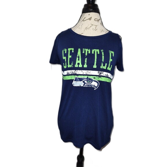 Women's Seattle Seahawks Cold Shoulder Shirt Blue Green Small - Picture 1 of 6